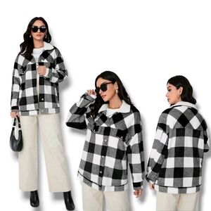 Women's Black & White Buffalo Plaid Fleece Flannel Jacket Shirt